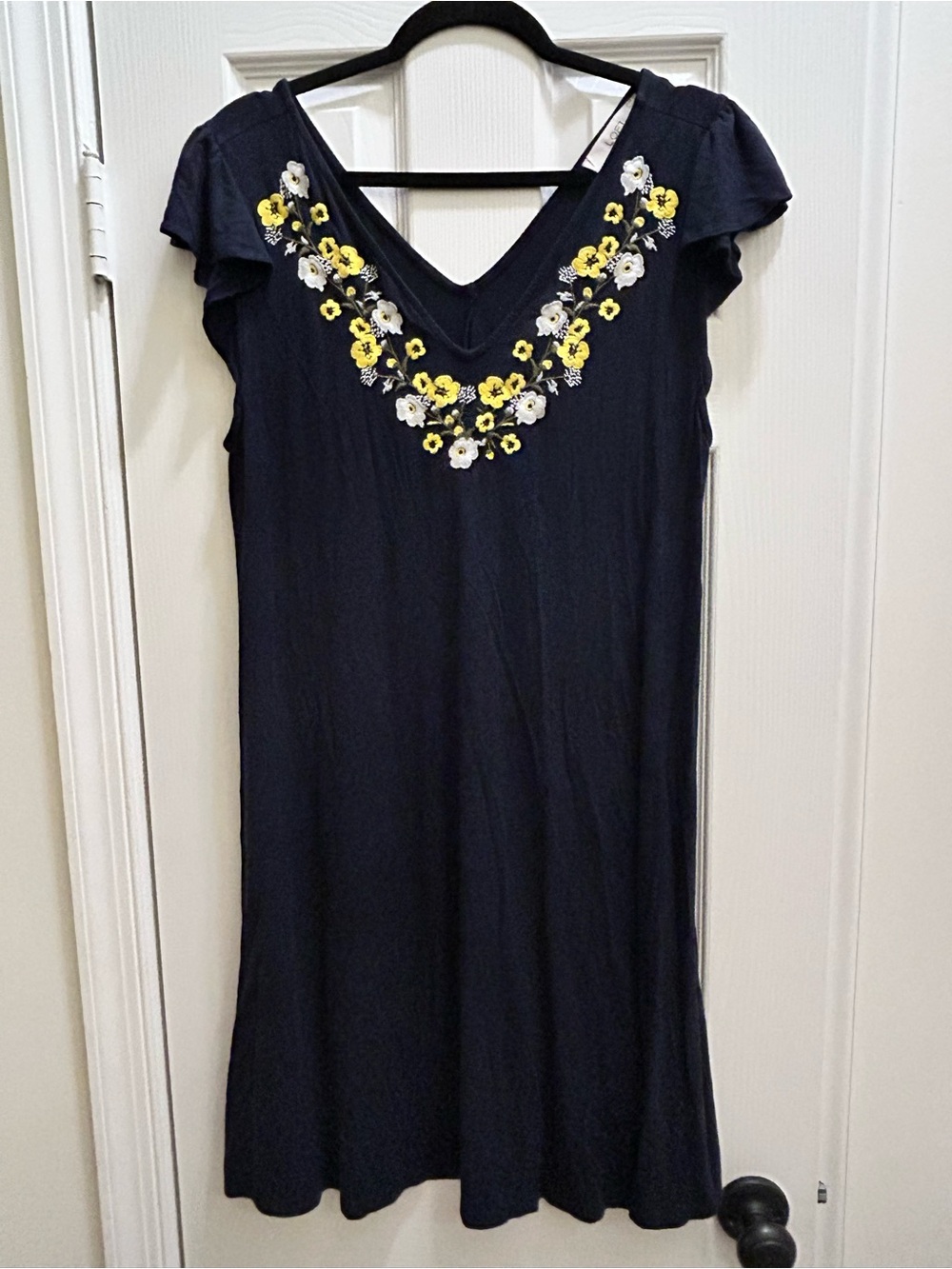Loft Navy V-Neck Mini Dress with Yellow & White Floral Embroidery Large